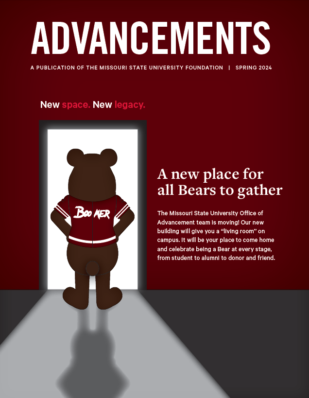Spring Advancements magazine with Boomer bear looking through a door